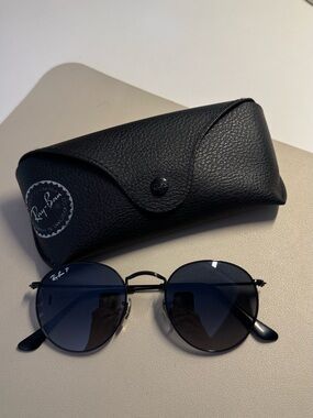 Ray-Ban Round Metal Sunglasses in Black with Blue Gradient Lenses